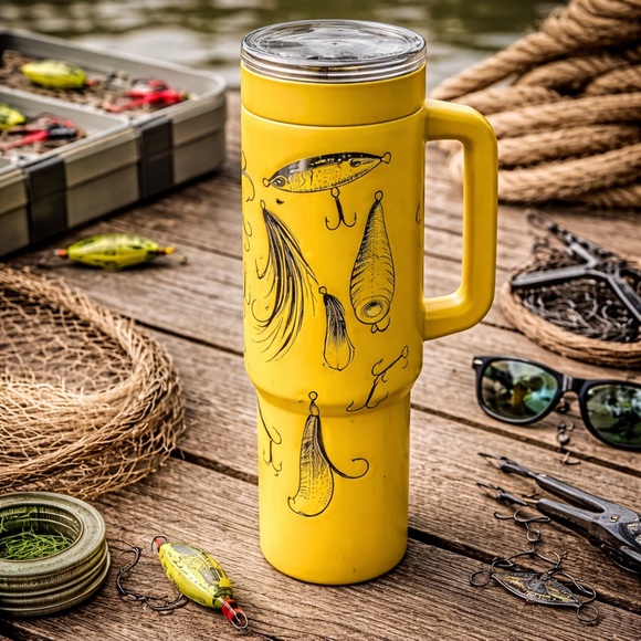 Hand Crafted Other - Yellow Fishing Lures 40oz Tumbler w/ Handle | Engraved Stainless Steel Insulated